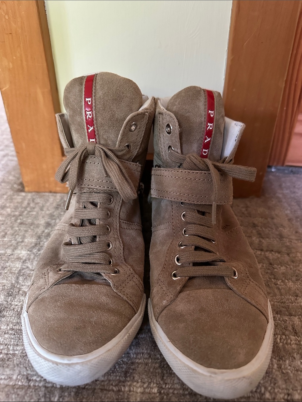 Prada Sport Linea Rossa Beige Suede High Top Sneakers